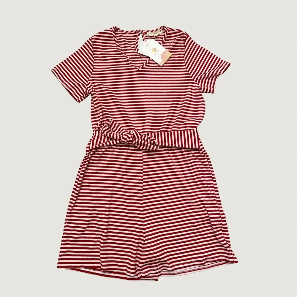 Walking On Sunshine Size XL Romper Red White Striped Ribbed Knit Tie Front NWT